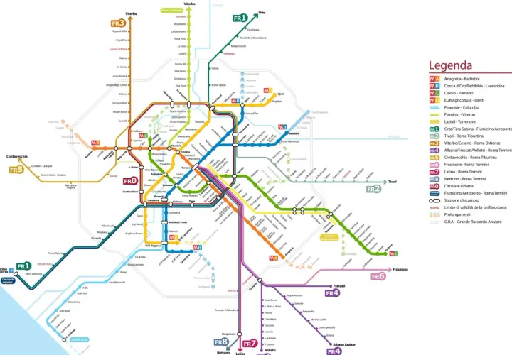 Mappa della metro di Roma con linee, stazioni e fermate.