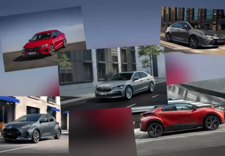 Kolaż samochodów: czerwona Skoda, szara Toyota Yaris, srebrna Skoda, szara Toyota Corolla. Idealne do rankingu leasingów samochodowych.