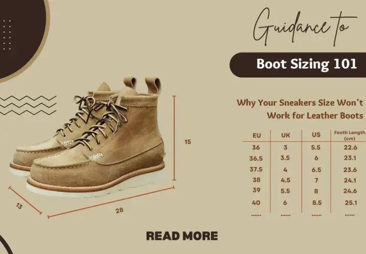 Guidance to Boot Sizing 101, showing a pair of tan leather boots and a size chart to help you find the perfect fit.