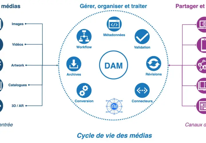 Schéma illustrant le cycle de vie des médias, de la création à la distribution, centré sur un système DAM.