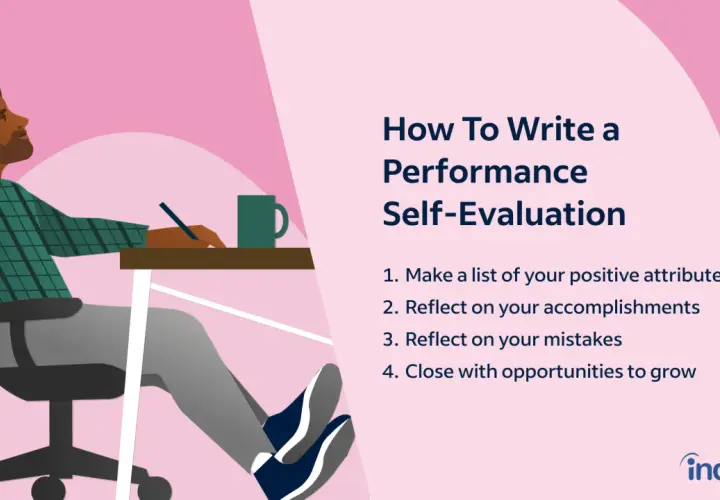Man thoughtfully writing his performance self-evaluation, reflecting on accomplishments and growth opportunities.