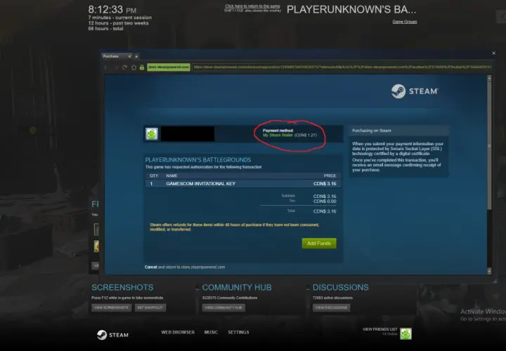 Okno zakupu na Steam pokazuje, jak zmienić sposób płatności na Steam, aktualnie używany jest portfel Steam.