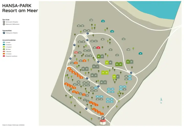 Mapa kurortu HANSA-PARK z zaznaczonymi domkami, parkingami i punktami usługowymi.
