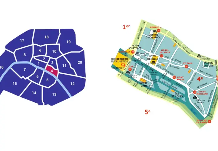 Mapa Paryża z zaznaczonymi dzielnicami. Czwarta dzielnica Paryża, oznaczona numerem 4, znajduje się w centrum, na prawym brzegu Sekwany.