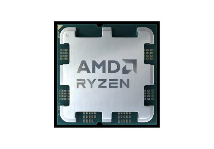 Procesador AMD Ryzen 5 7500F, con el logo de AMD y Ryzen grabado en su superficie metálica.