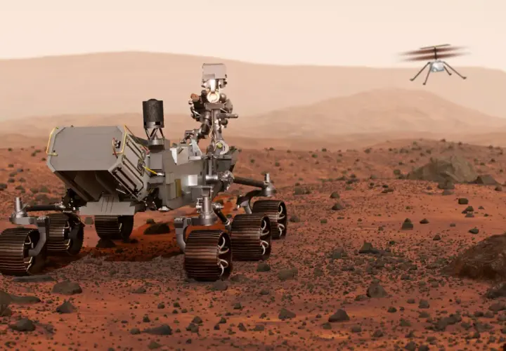 Łazik na Marsie przygotowuje się do misji Mars Sample Return, podczas gdy mały helikopter lata nad czerwoną pustynią.