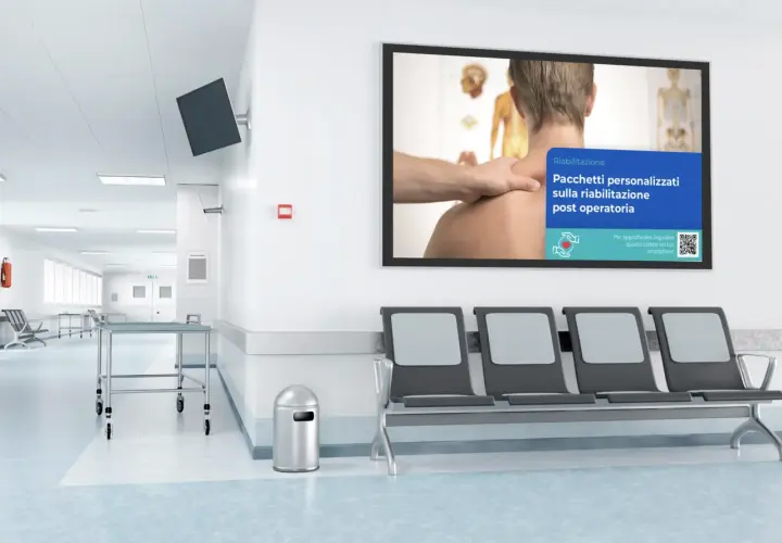Corridoio di una sala di attesa con sedie, lettini e un monitor che pubblicizza pacchetti di riabilitazione post operatoria.