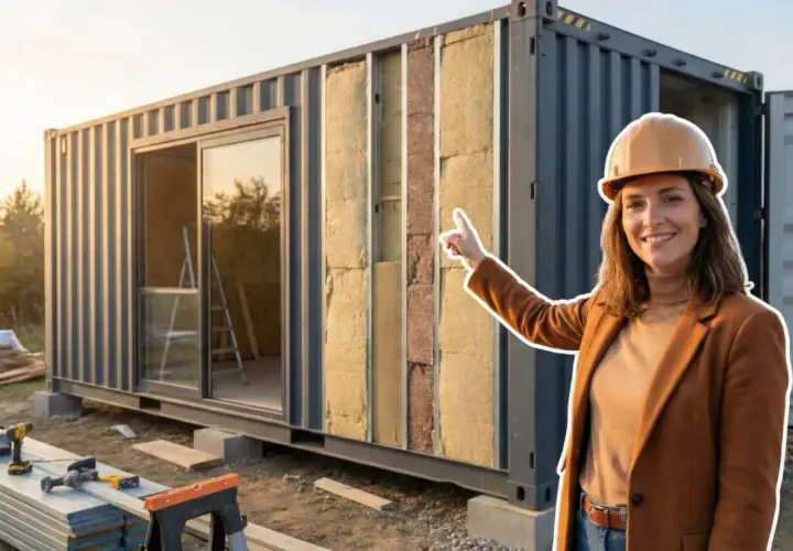 Une femme souriante, casque sur la tête, montre l'isolation d'un container aménagé en habitation. Le chantier est visible.