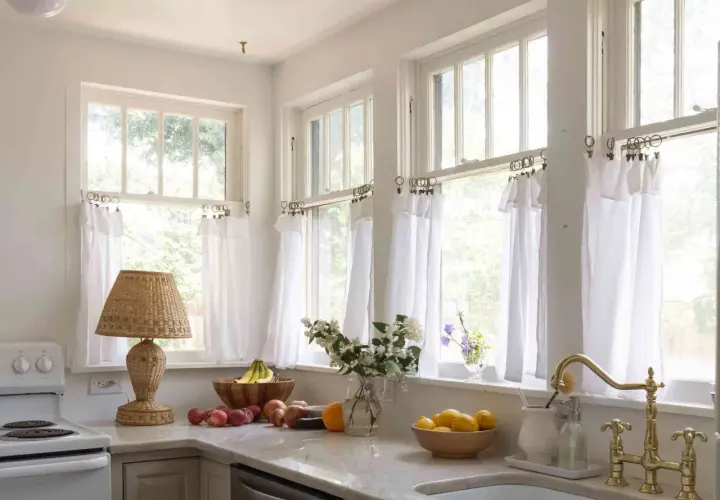 A bright kitchen with white diy cafe curtains framing the windows. A wicker lamp, fruit bowls, and a brass faucet add charm.
