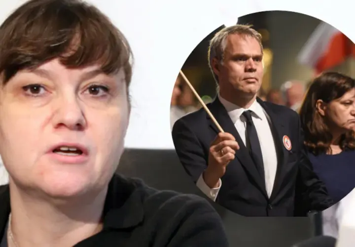 Andrzej Stankiewicz z żoną i dziećmi na tle flagi.