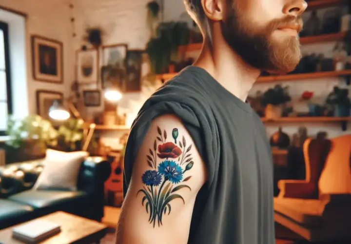 Tatuaż maki i chabry na ramieniu mężczyzny. Bukiet polnych kwiatów, symbol natury i piękna.