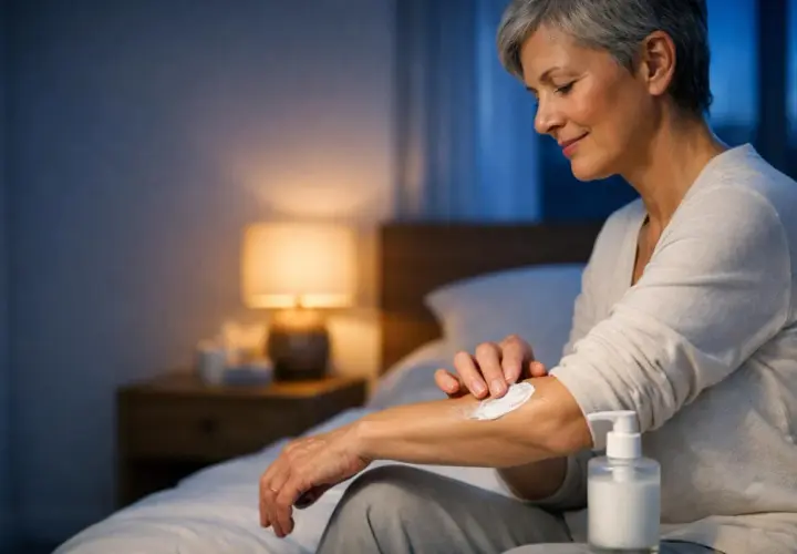 Donna anziana applica crema sul braccio per alleviare il prurito in tutto il corpo la sera. Luce soffusa da una lampada da comodino.