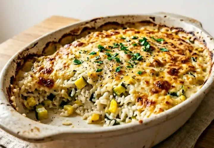 Un gratin de riz aux courgettes et oignons, doré au four, garni de persil frais. Un plat réconfortant et savoureux.