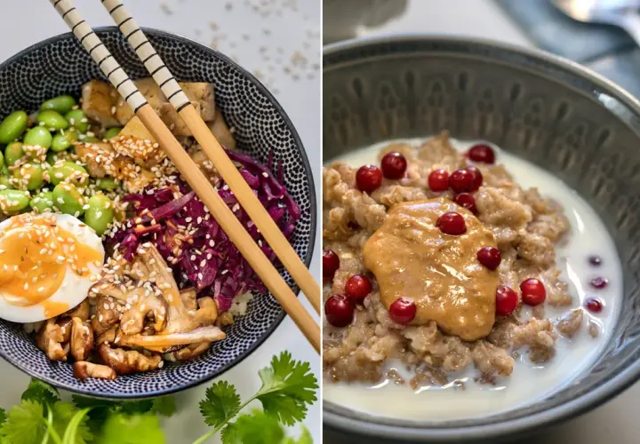 Två skålar med mat: en poke bowl med tofu, edamame och ägg, samt gröt med lingon och jordnötssmör. Båda är exempel på fiberrik kost.