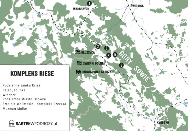 Mapa turystyczna Komplexu Riese w Górach Sowich. Wskazuje lokalizacje podziemi zamku Książ, Pałacu Jedlinka, Włodarza, Podziemnego Miasta Osówka, Sztolni Walimskich i Muzeum Molke.