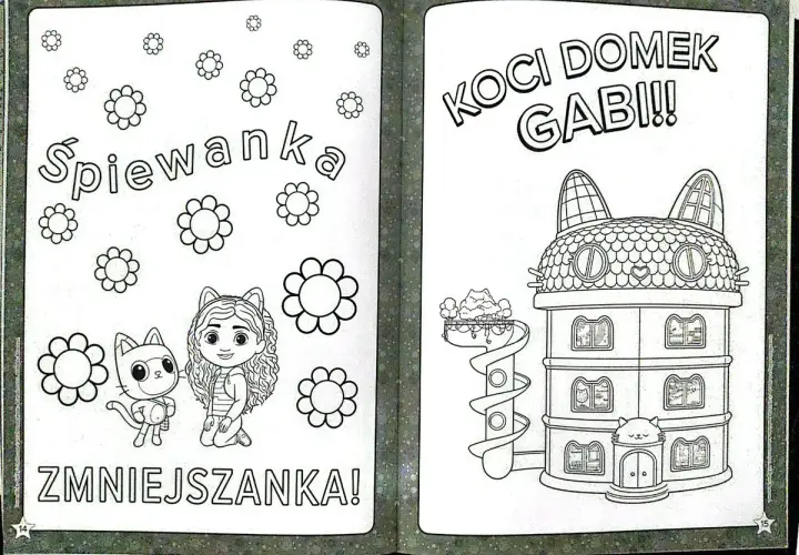 Koci domek Gabi kolorowanka: Gabi i Pufiś otoczeni kwiatkami, obok zjeżdżalnia i domek w kształcie kota.