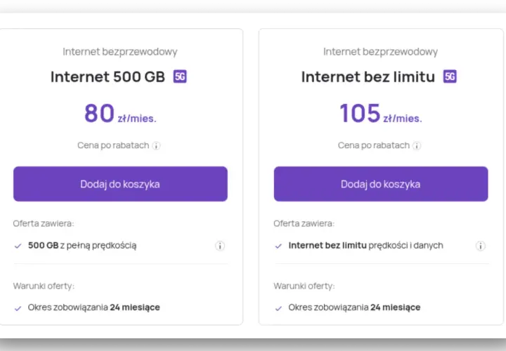 Dwie oferty internetu mobilnego bez limitu: 500 GB za 80 zł lub nielimitowany za 105 zł miesięcznie.