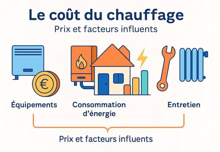 Illustration montrant les facteurs influençant le coût du chauffage : équipements, consommation d'énergie et entretien.
