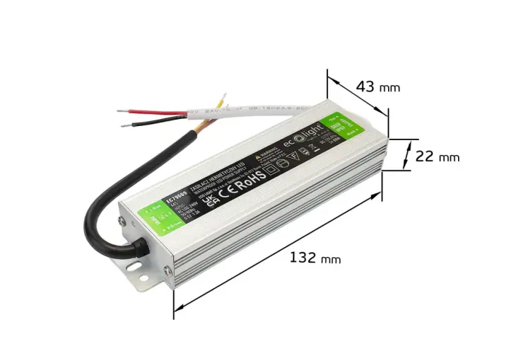 Zasilacz hermetyczny 12V do oświetlenia LED w domu, z oznaczeniami IP67 i mocą 60W.