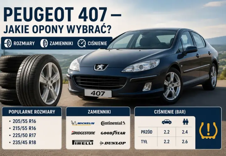 Peugeot 407 z oponami 225/50 R17. Poradnik wyboru rozmiaru, zamienników i ciśnienia.