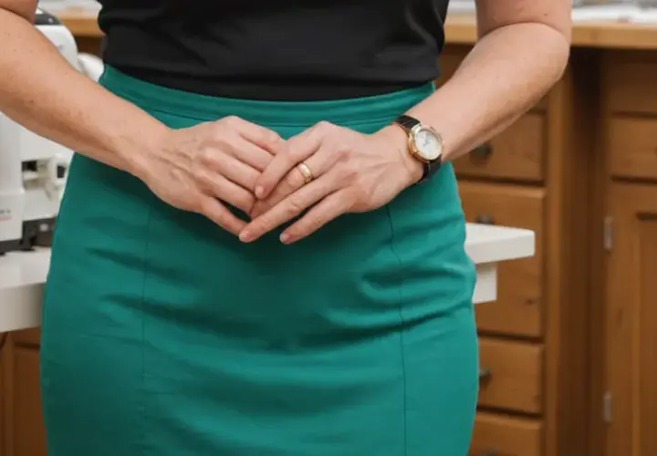 Kobieta w zielonej spódniczce z dresówki, obok maszyny do szycia. Dowiedz się, jak uszyć spódniczkę z dresówki.