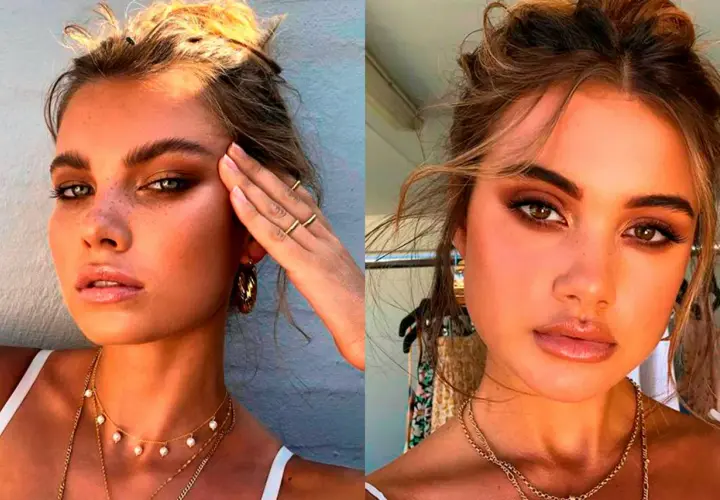 Två kvinnor med solkysst hud och mjukt, varmt smink. Deras ögon är markerade med bruna toner, en look som påminner om latte makeup.