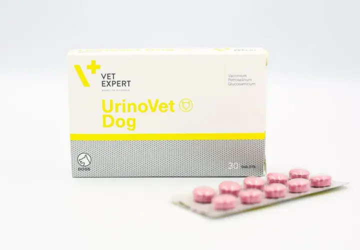 Opakowanie UrinoVet Dog z tabletkami. Preparat dla psów wspierający układ moczowy.