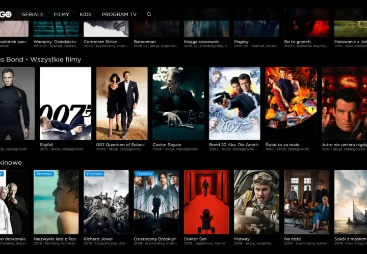 Ekran HBO GO z plakatami filmów o Jamesie Bondzie i innymi tytułami.