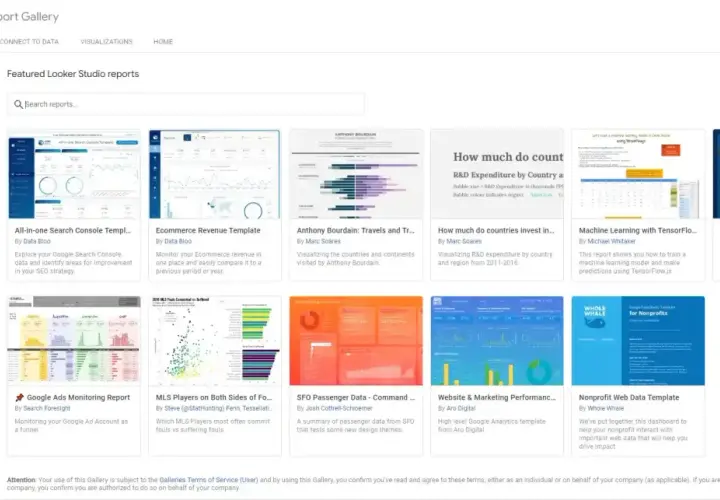 Galleria di report di Looker Studio con modelli per SEO, e-commerce, viaggi, machine learning e Google Analytics.