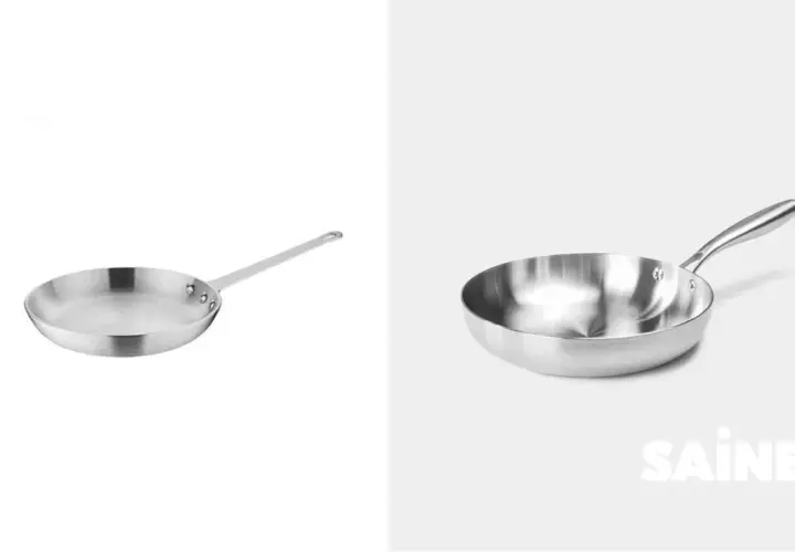 Deux poêles en inox ou aluminium, l'une à fond plat, l'autre plus profonde, prêtes à cuisiner.