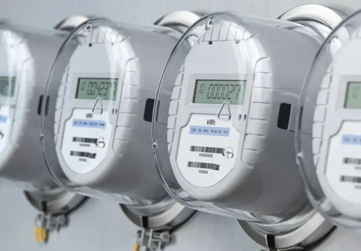 Rząd nowoczesnych liczników energii elektrycznej z cyfrowymi wyświetlaczami.