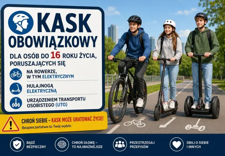 Trójka młodych ludzi na rowerze, hulajnodze elektrycznej i segwayu. Czy kask na rower jest obowiązkowy? Tak, dla osób do 16 lat.