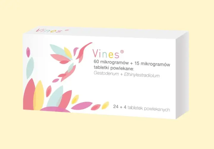 Opakowanie leku Vines z kolorowym motywem przypominającym pnącza. Zawiera 24+4 tabletki.