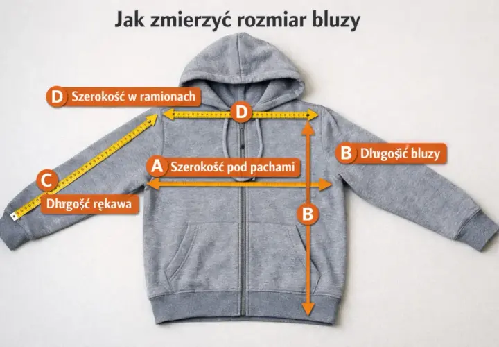 Szara bluza z kapturem z miarką i oznaczeniami wymiarów: A, B, C, D.