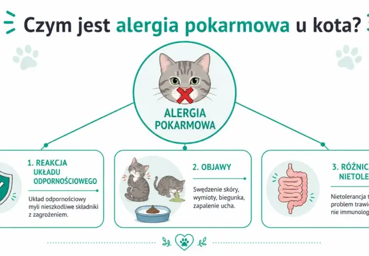 Grafika wyjaśnia, czym jest alergia pokarmowa u kota: reakcja układu odpornościowego, objawy (swędzenie, wymioty, biegunka) i różnica od nietolerancji.