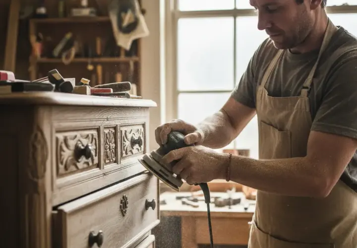 Artisan ponçant un meuble en bois sculpté, la poussière volant dans l'air.