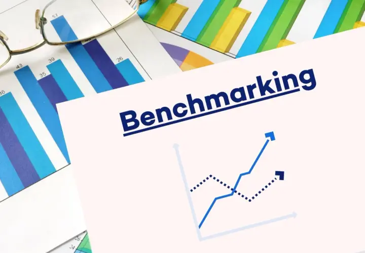 Okulary na wykresach słupkowych i liniowych. Na pierwszym planie napis "Benchmarking" i dwa wykresy liniowe, jeden rosnący, drugi malejący.