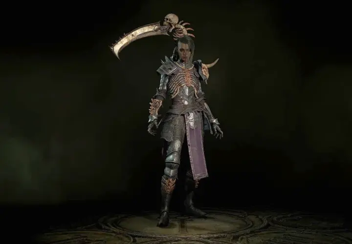 Postacie z Diablo 4: wojowniczka w zbroi z kości i czaszek, z kosą na ramieniu.