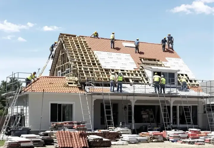 Ekipa budowlana pracuje nad wymianą dachu. Widać rusztowania, drabiny i stosy dachówek. Określenie wymiana dachu cena jest kluczowe przy planowaniu remontu.