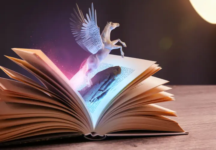 Pegaz wylatuje z otwartej księgi, symbolizując najlepsze książki fantasy. Magiczne światło otacza skrzydlatego konia.