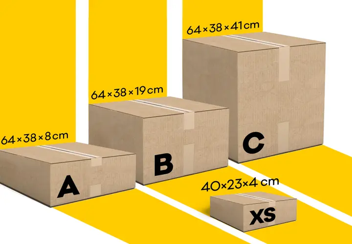 Różne wymiary paczkomatu InPost: XS (40x23x4 cm), A (64x38x8 cm), B (64x38x19 cm), C (64x38x41 cm).