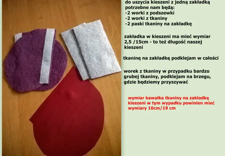 Materiały do uszycia kieszeni z wypustką: fioletowy element z taśmą, dwa szare prostokąty, czerwony półokrąg.