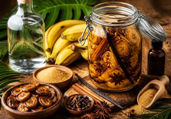 Préparation d'une recette rhum arrangé banane : bananes, sucre, cannelle, anis étoilé, vanille et rhum blanc.
