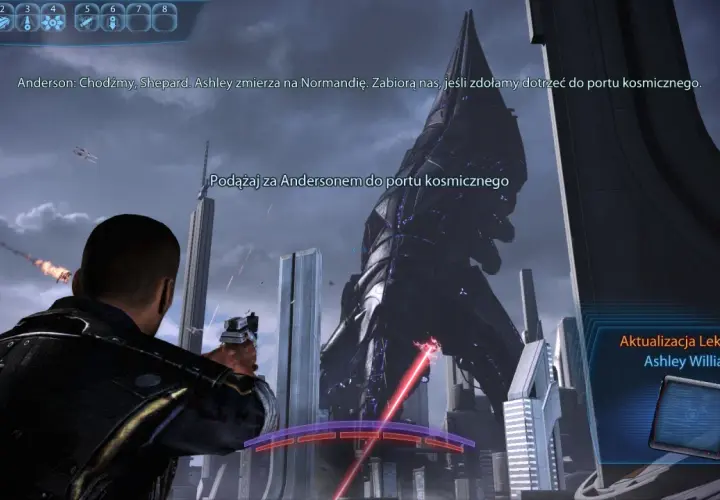 Shepard podąża za Andersonem do portu kosmicznego w Mass Effect 3. Ashley zmierza na Normandię.