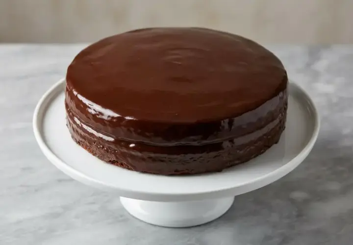 Gâteau chocolat sans oeuf, deux couches de gâteau moelleux recouvertes d'un glaçage au chocolat brillant et lisse, présenté sur un plat à gâteau blanc.