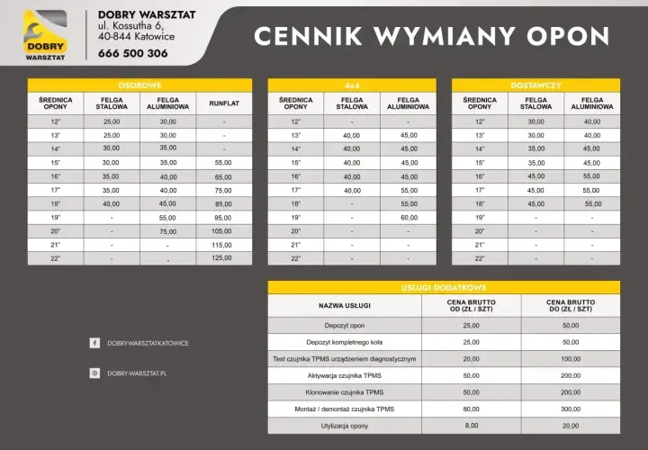 Cennik wymiany opon w Dobrym Warsztacie. Sprawdź, ile kosztuje wymiana opon w zależności od rozmiaru i typu felgi.