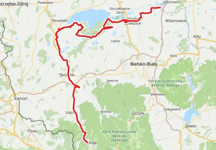 Mapa z zaznaczoną na czerwono żelazną trasą rowerową, prowadzącą przez Beskid Śląski, od Wisły do Goczałkowic-Zdroju.