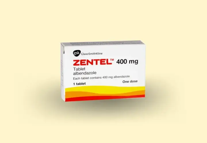 Opakowanie Zentel 400 mg, tabletka z albendazolem. Dostępny bez recepty, jak Vermox.