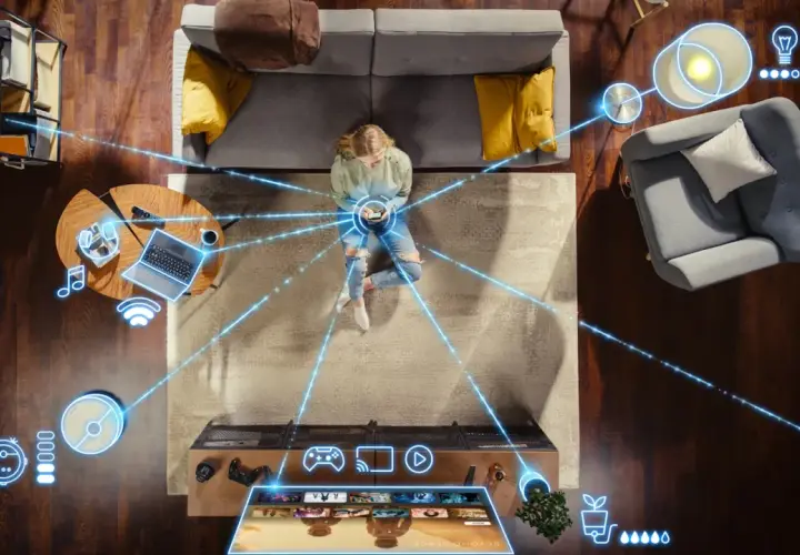 Mujer controlando electrodomésticos domóticos con su móvil. Luces, aspiradora, TV y más conectados.