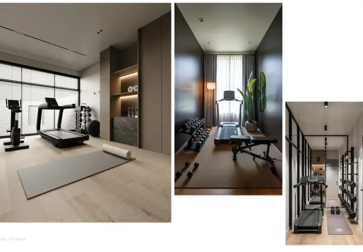 Elegante palestra in casa poco spazio con tapis roulant, cyclette, pesi e tappetino.